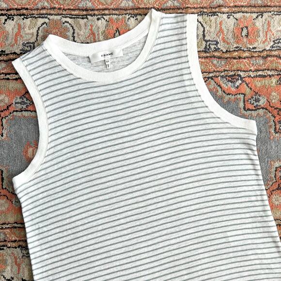Frame 100% Organic Linen Green Stripe Crew Neck Muscle Tank - Picture 1 of 15